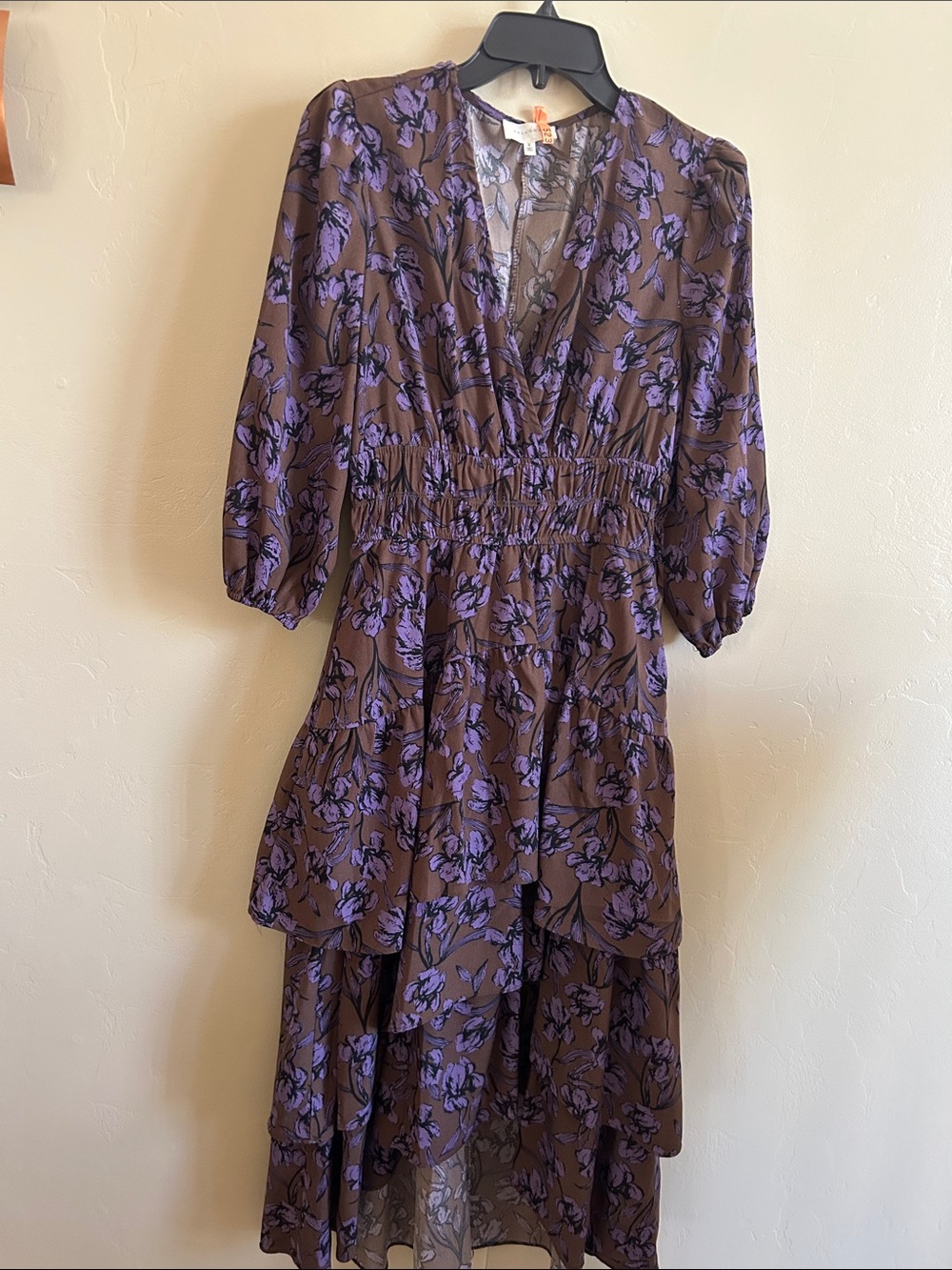 Melloday Brown Floral High-Low Midi Dress with Purple Print